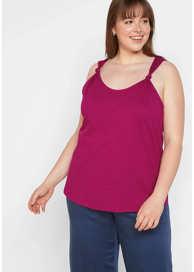 Katoenen top met knoopdetails, Kleur: violetorchidee