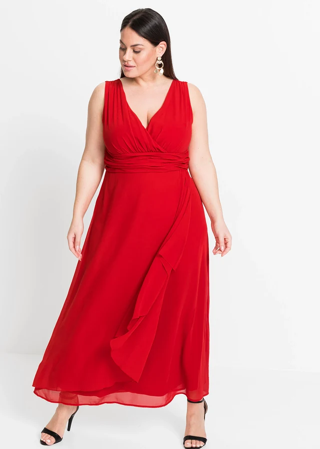 Jurk van chiffon met plooitjes, Kleur: rood