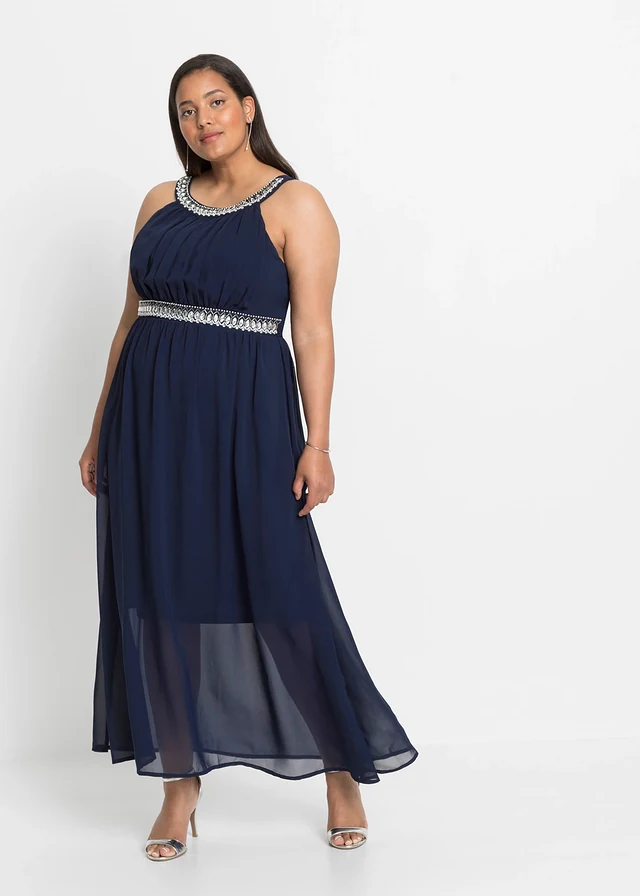 Maxi jurk met stras en gerecycled polyester, Kleur: donkerblauw