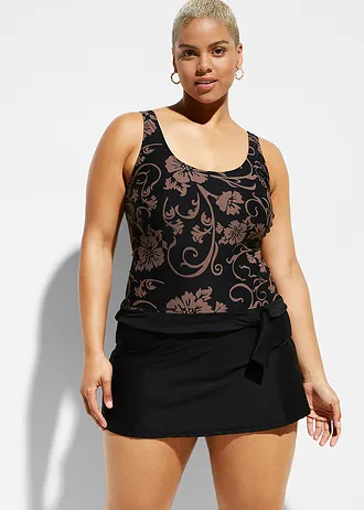 Stahovací koupací šaty, mírná tvarovací funkce, barva: černo-hnědošedá s květy