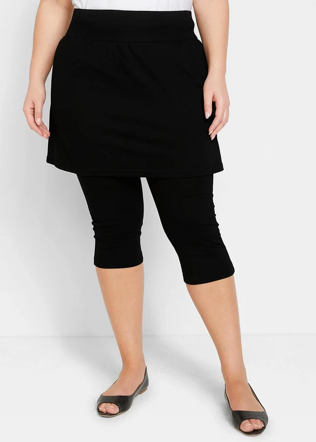 Legging 3/4 avec jupe en coton extensible, Couleur: noir