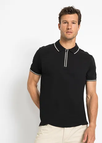Polo zippé en maille piquée 100% coton, Couleur: noir