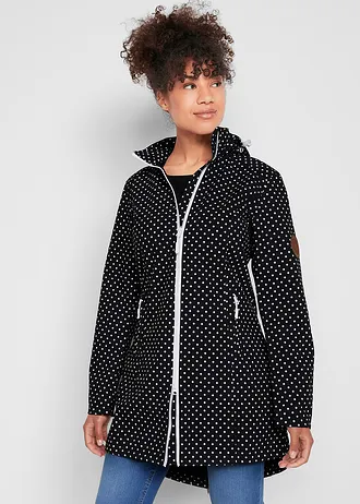 Lange softshell jas, Kleur: zwart gestippeld