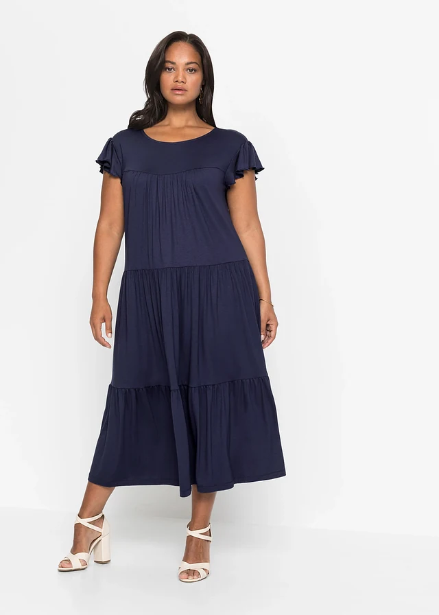Robe midi en viscose extensible, Couleur: bleu foncé