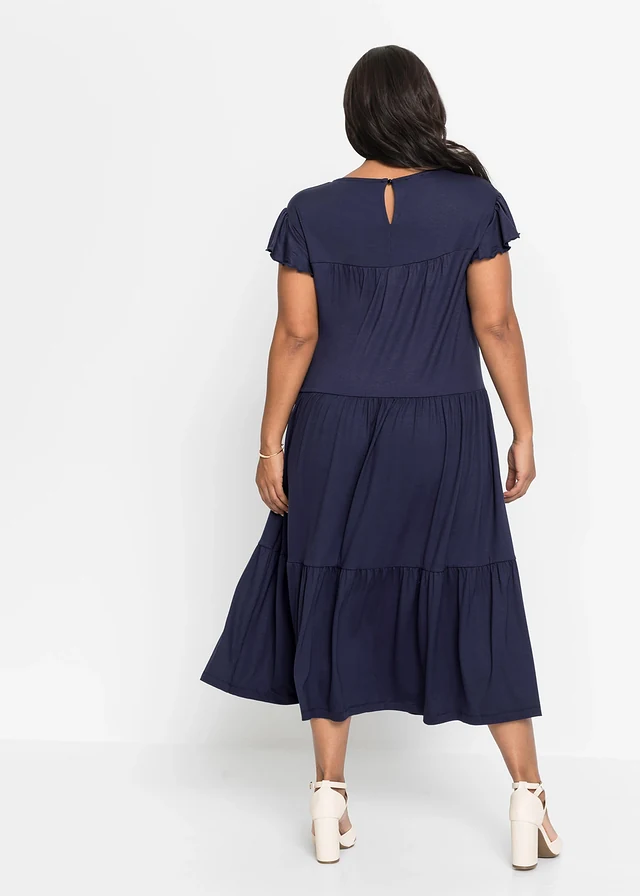 Midi jurk in een viscosemix, Kleur: donkerblauw