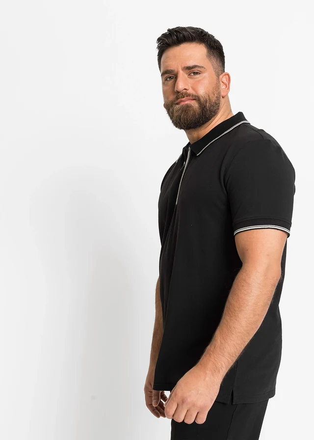 Poloshirt van katoen met ritssluiting, Kleur: zwart