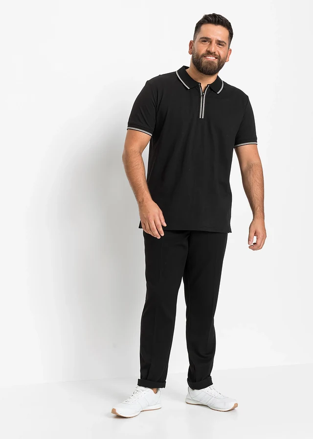 Polo zippé en maille piquée 100% coton, Couleur: noir