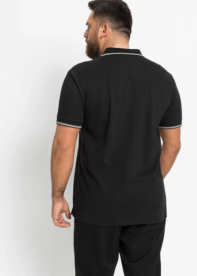 Polo zippé en maille piquée 100% coton, Couleur: noir