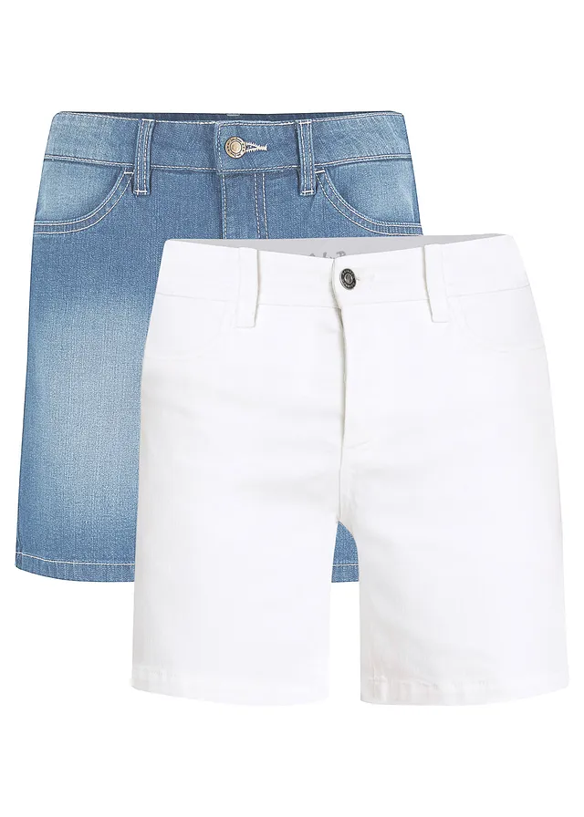 Džínové šortky Slim Fit, Mid Waist (2 ks v balení) • ledově modrá +bílý twil • bonprix obchod