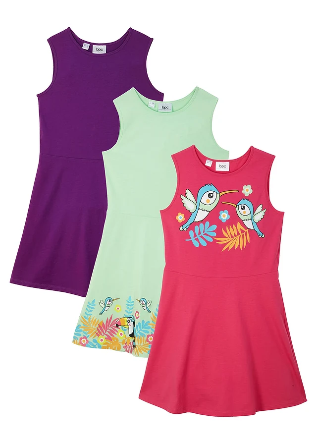 Meisjes jersey jurk (set van 3) van biologisch katoen, Kleur: soft mint+diepviolet+pinklady