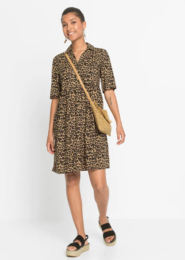 Robe en viscose avec un col chemise, Couleur: café liégeois/noir imprimé léopard