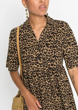 Halenkové šaty ze splývavé viskózy • ledová káva-černá s leopardím potiskem • bonprix obchod