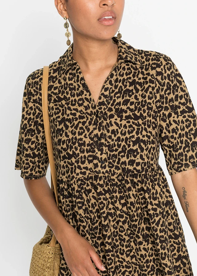 Robe en viscose avec un col chemise, Couleur: café liégeois/noir imprimé léopard