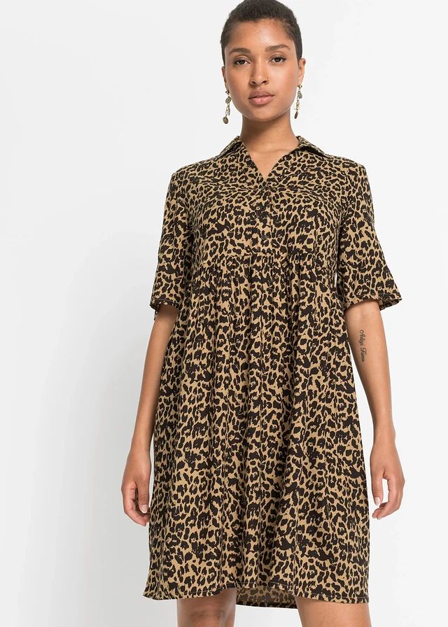Robe en viscose avec un col chemise, Couleur: café liégeois/noir imprimé léopard