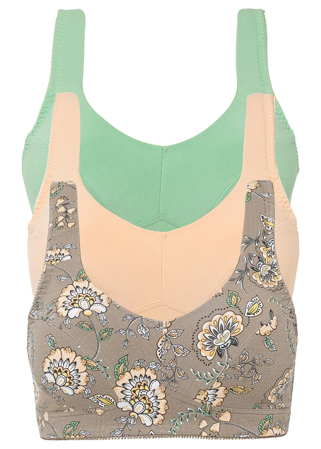 Bh zonder beugels (set van 3) met biologisch katoen, Kleur: taupe paisley+crèmeapricot+mint