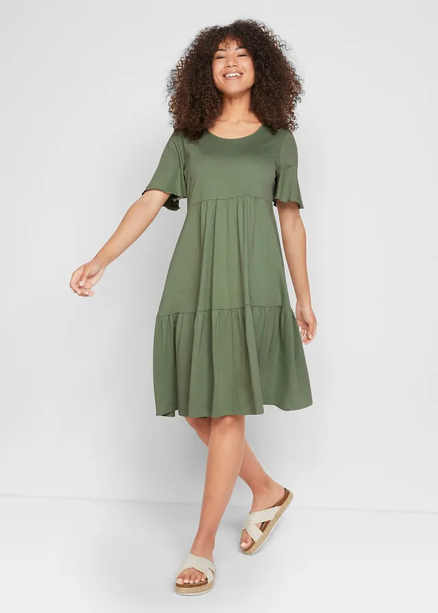 Knielange strokenjurk van katoen • pijnboomgroen • bonprix online shop