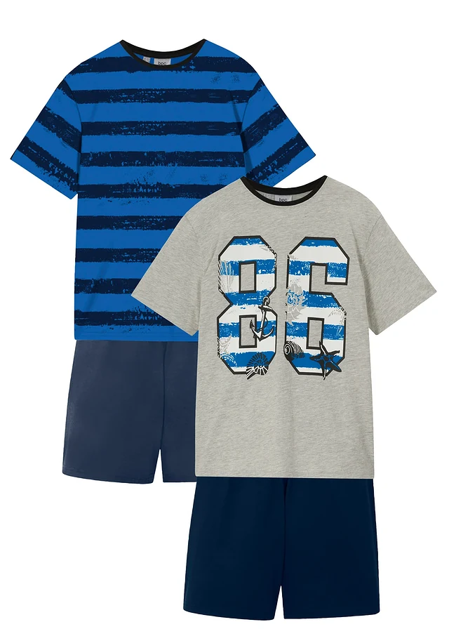 Jongens shortama met katoen (4-dlg. set), Kleur: blauw gestreept-donkerblauw+grijs gemêleerd met print-zwart