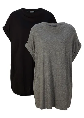 Dlouhé tričko z čisté organické bavlny (2 ks v balení) • šedý melír+černá • bonprix obchod
