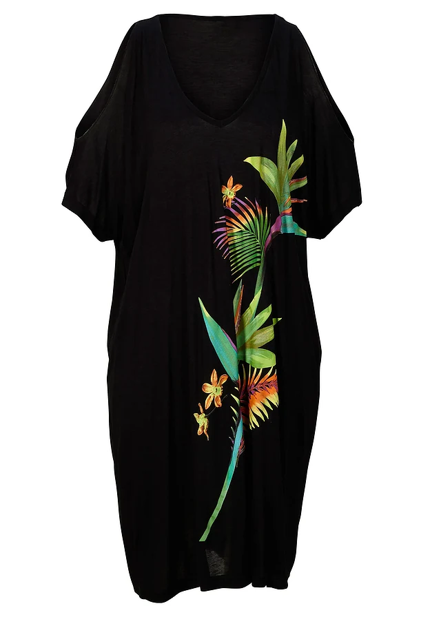 Rochie de plajă din viscoză fluidă, culoare: negru cu flori