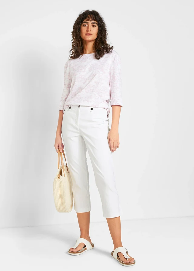 Pantalon 7/8 en bengaline avec taille élastiquée, Couleur: blanc