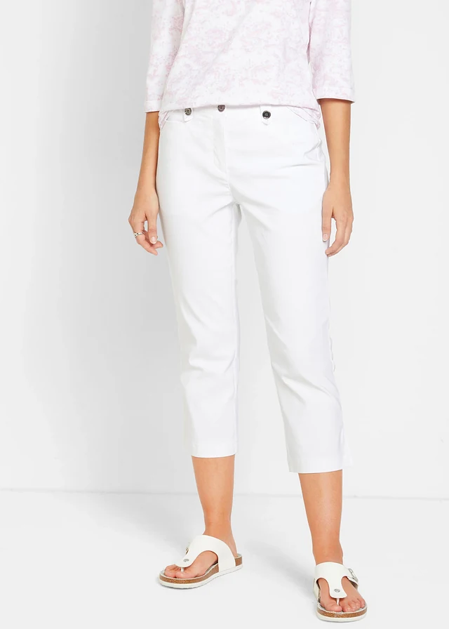 Pantalon 7/8 en bengaline avec taille élastiquée, Couleur: blanc