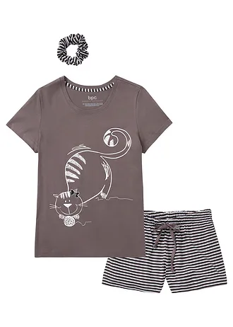 Krátké pyžamo s gumičkou do vlasů, barva: kouřově bobulová s proužky