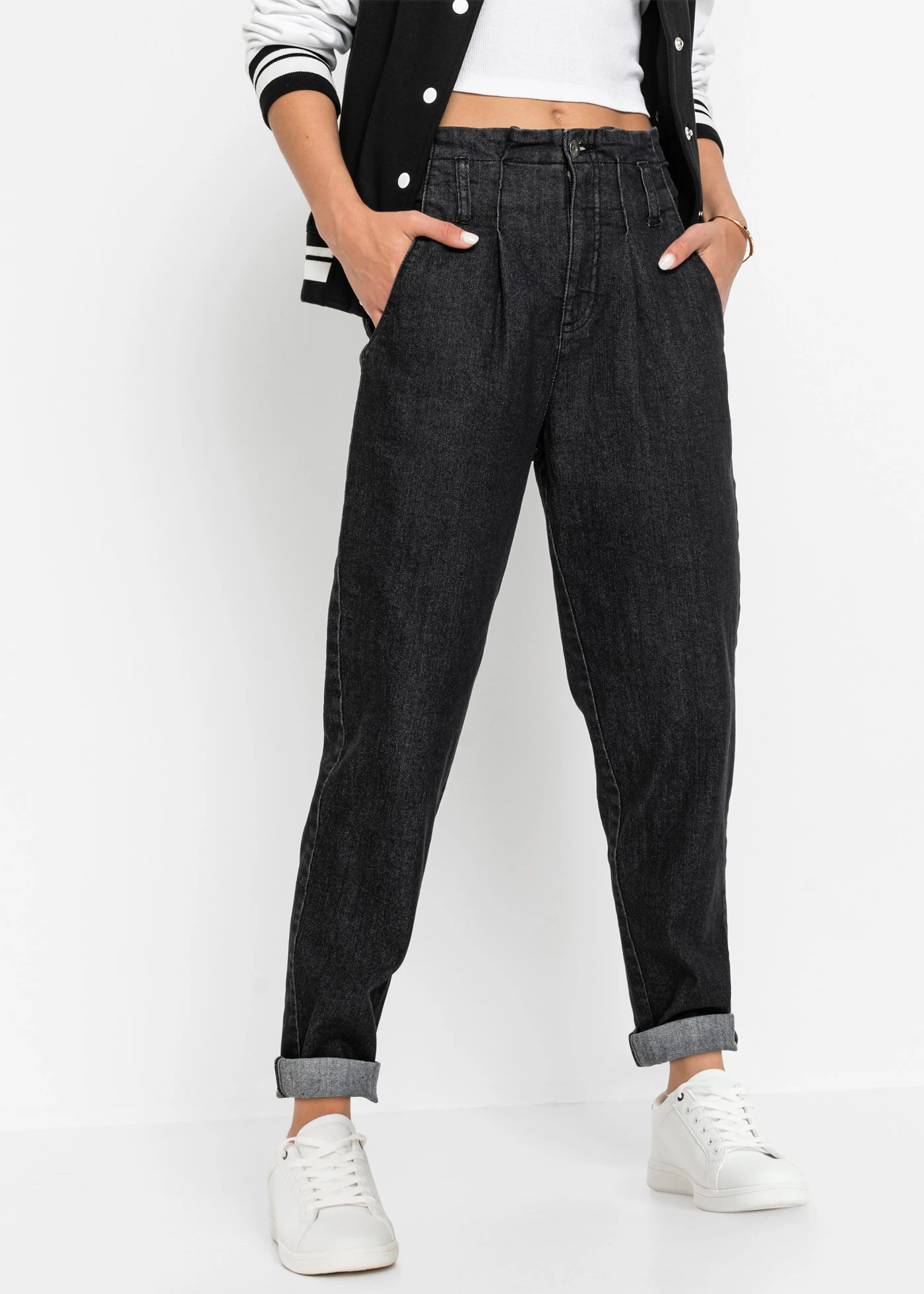 Strečové žíny Mom, High Waist • černý denim • bonprix obchod