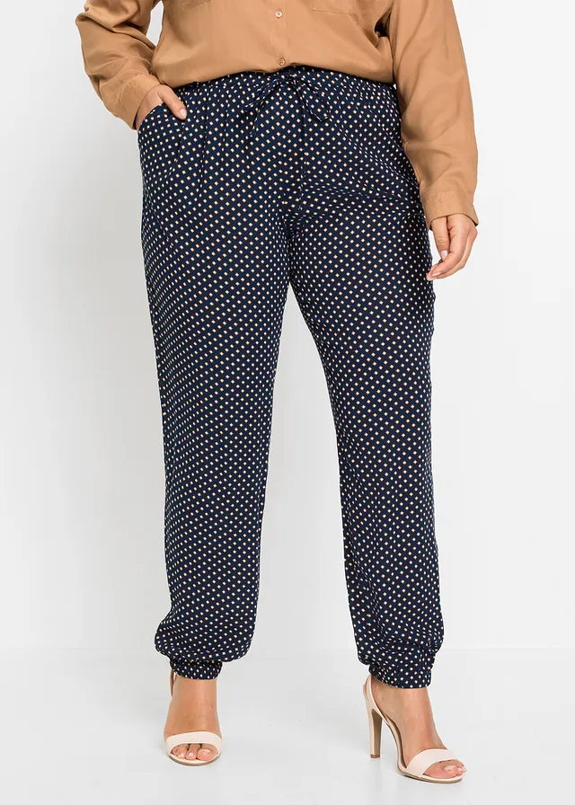 Pantalon 100% viscose, taille élastiquée, Couleur: bleu foncé graphique
