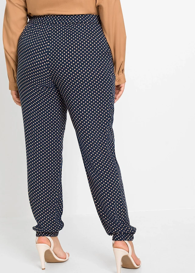 Pantalon 100% viscose, taille élastiquée, Couleur: bleu foncé graphique