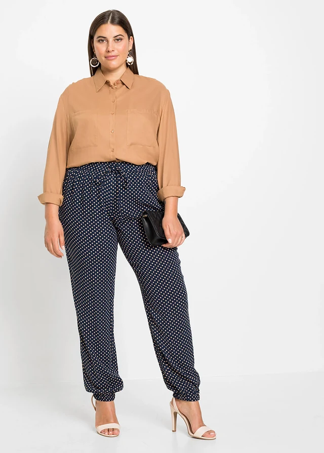 Pantalon 100% viscose, taille élastiquée, Couleur: bleu foncé graphique