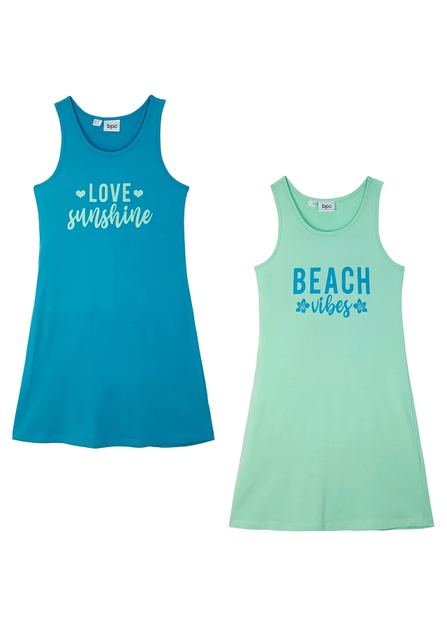 Lot de 2 robes en jersey 100% coton, Couleur: turquoise moyen + bleu menthol