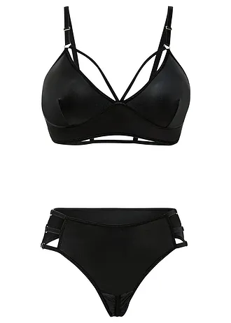 Bralette en string ouvert in wetlook (2-dlg. set) • zwart • bonprix online shop