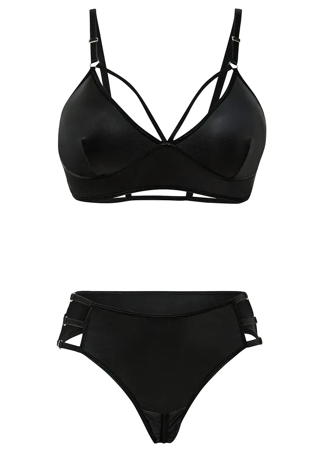 Bralette en string ouvert in wetlook (2-dlg. set) • zwart • bonprix online shop