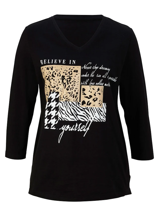 Shirt met 3/4 mouwen, Kleur: zwart-grijs-cappuccino met print