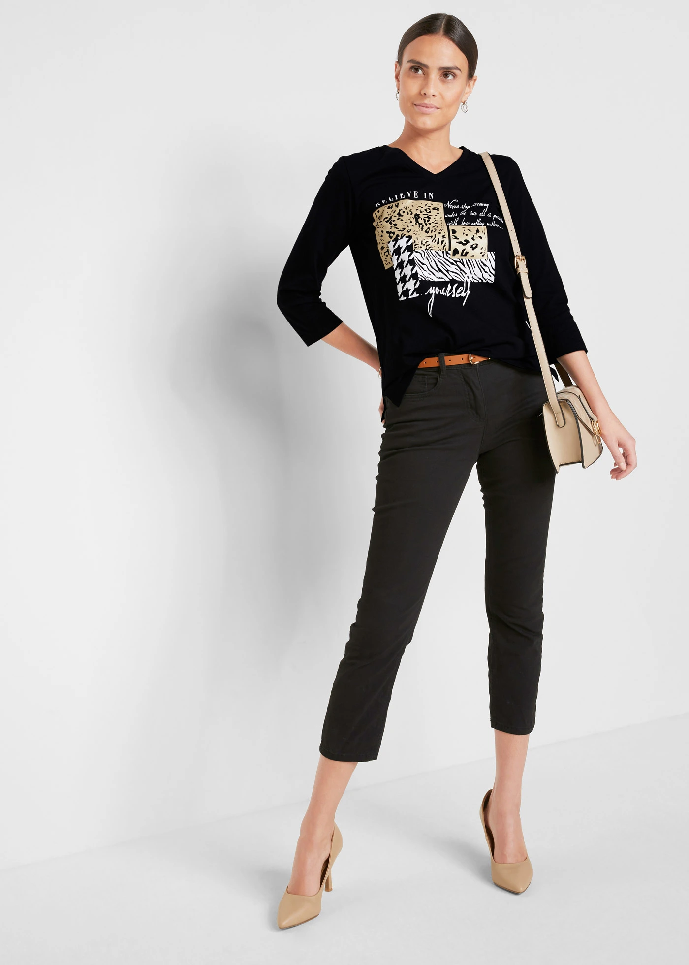 Shirt met 3/4 mouwen • zwart-grijs-cappuccino met print • bonprix online shop