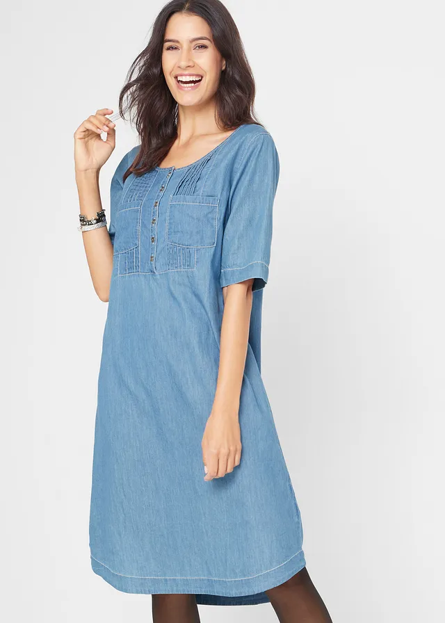 Robe en coton jean longueur genou, demi-manches