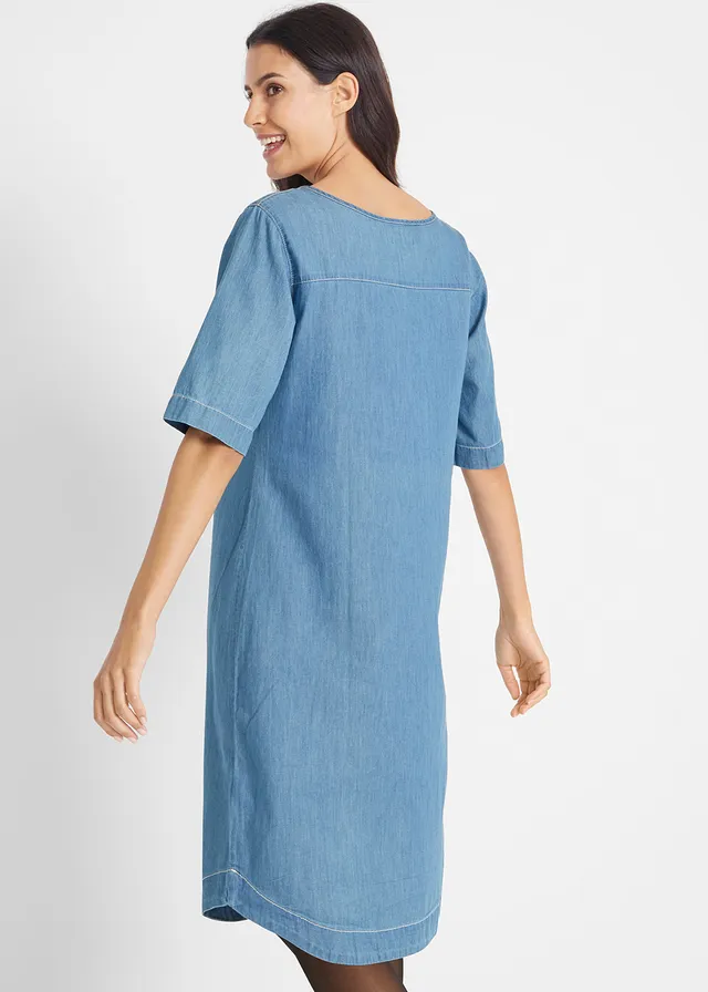 Robe en coton jean longueur genou, demi-manches, Couleur: bleu stone