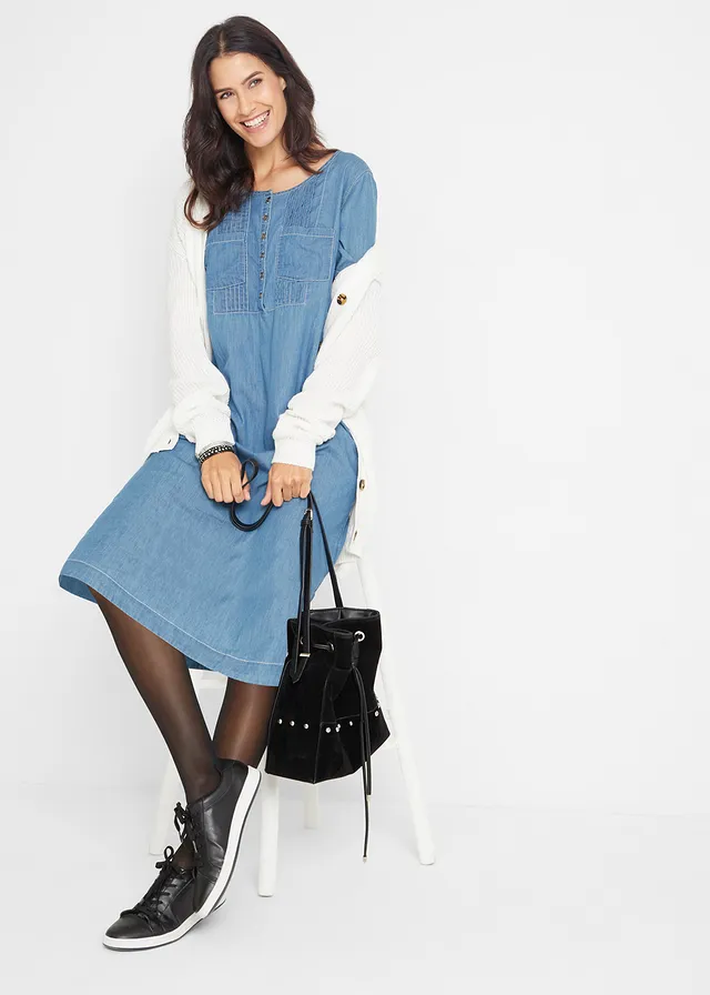 Robe en coton jean longueur genou, demi-manches, Couleur: bleu stone