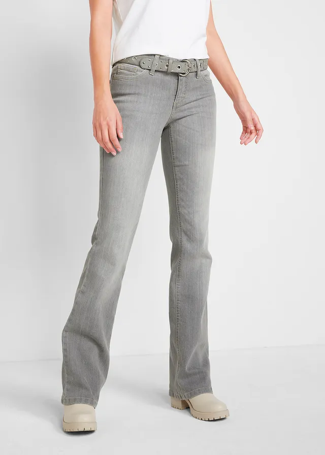 Jean bootcut taille mi-haute, extensible et confortable, Couleur: gris clair used