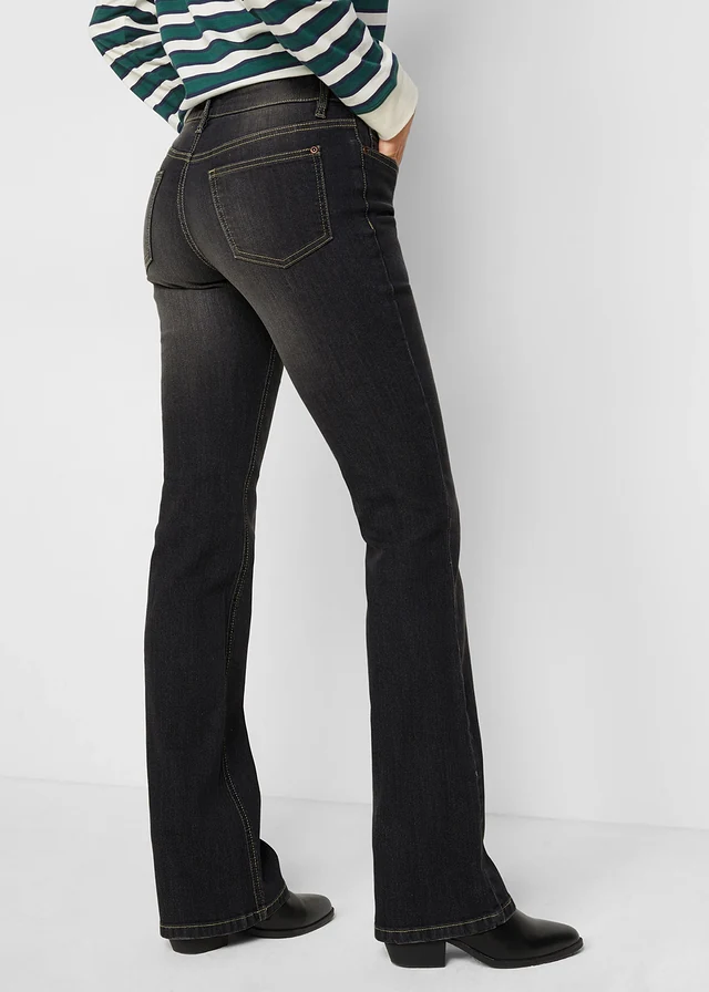 Jean bootcut taille mi-haute, extensible et confortable, Couleur: noir denim used