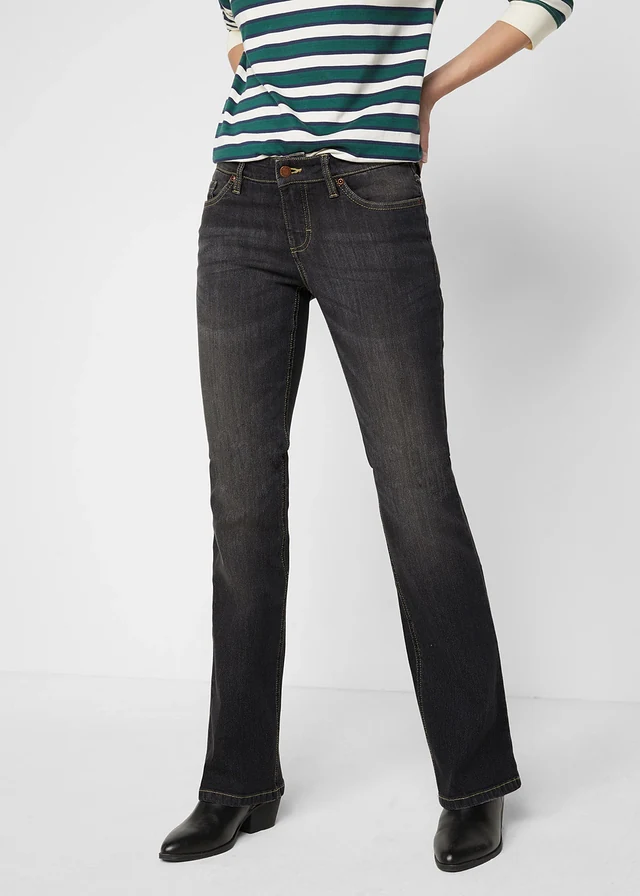 Jean bootcut taille mi-haute, extensible et confortable, Couleur: noir denim used