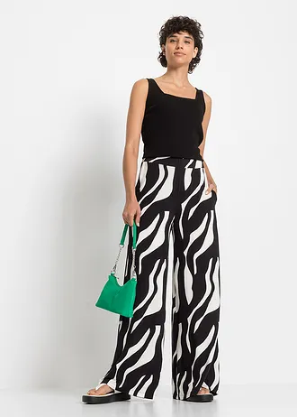 Gedessineerde broek van soepele viscose, Kleur: wit/zwart