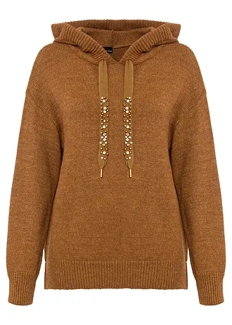 Gebreide hoodie, Kleur: bruin gemêleerd