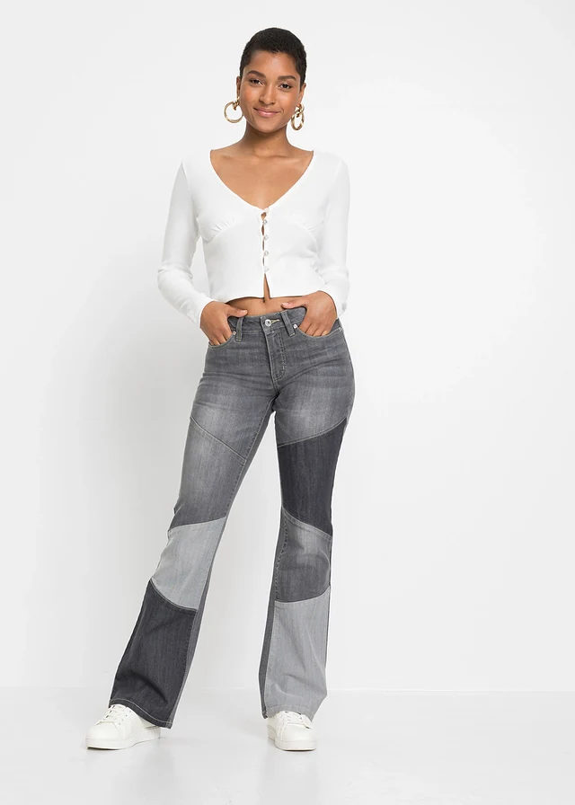 Flared jeans met patchwork, Kleur: grey denim-donkergrijs denim-medium grey denim