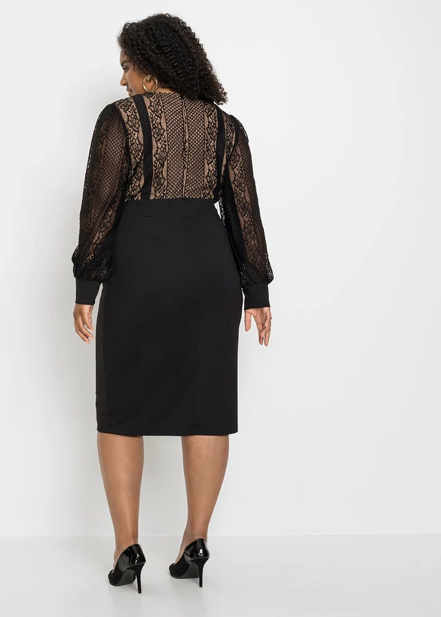 Robe midi près du corps rehaussée de dentelle, Couleur: noir