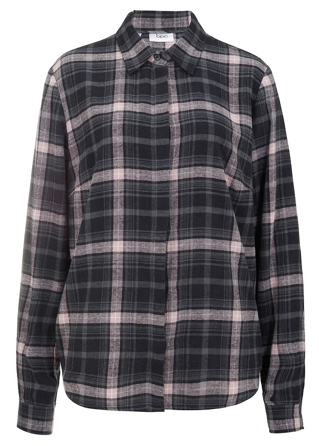Chemisier en flanelle 100% coton, Couleur: noir/rose fumé carreaux