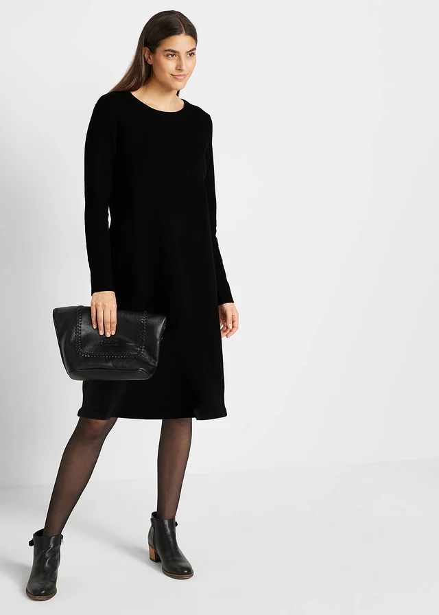 Basic gebreide jurk met gerecycled katoen, Kleur: zwart