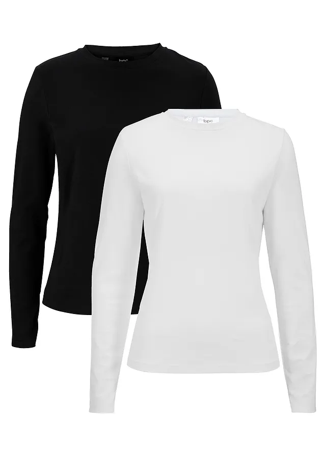 Longsleeve van puur biologisch katoen (set van 2), slim fit • wit+zwart • bonprix online shop