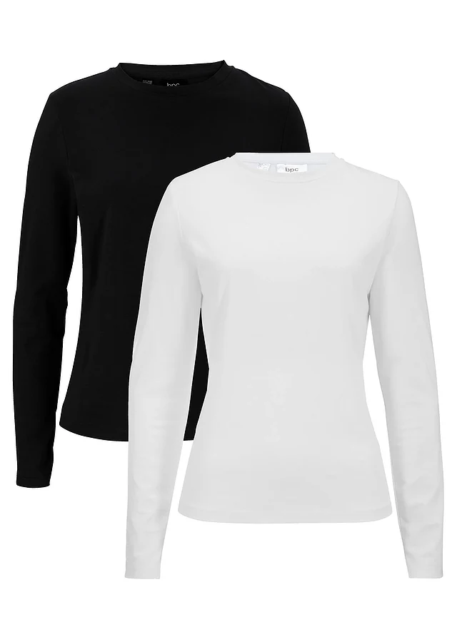 Longsleeve van puur biologisch katoen (set van 2), slim fit, Kleur: wit+zwart