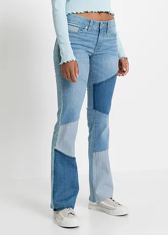 Flared jeans met patchwork, Kleur: lichtblauw denim-blue stone-donkerblauw denim